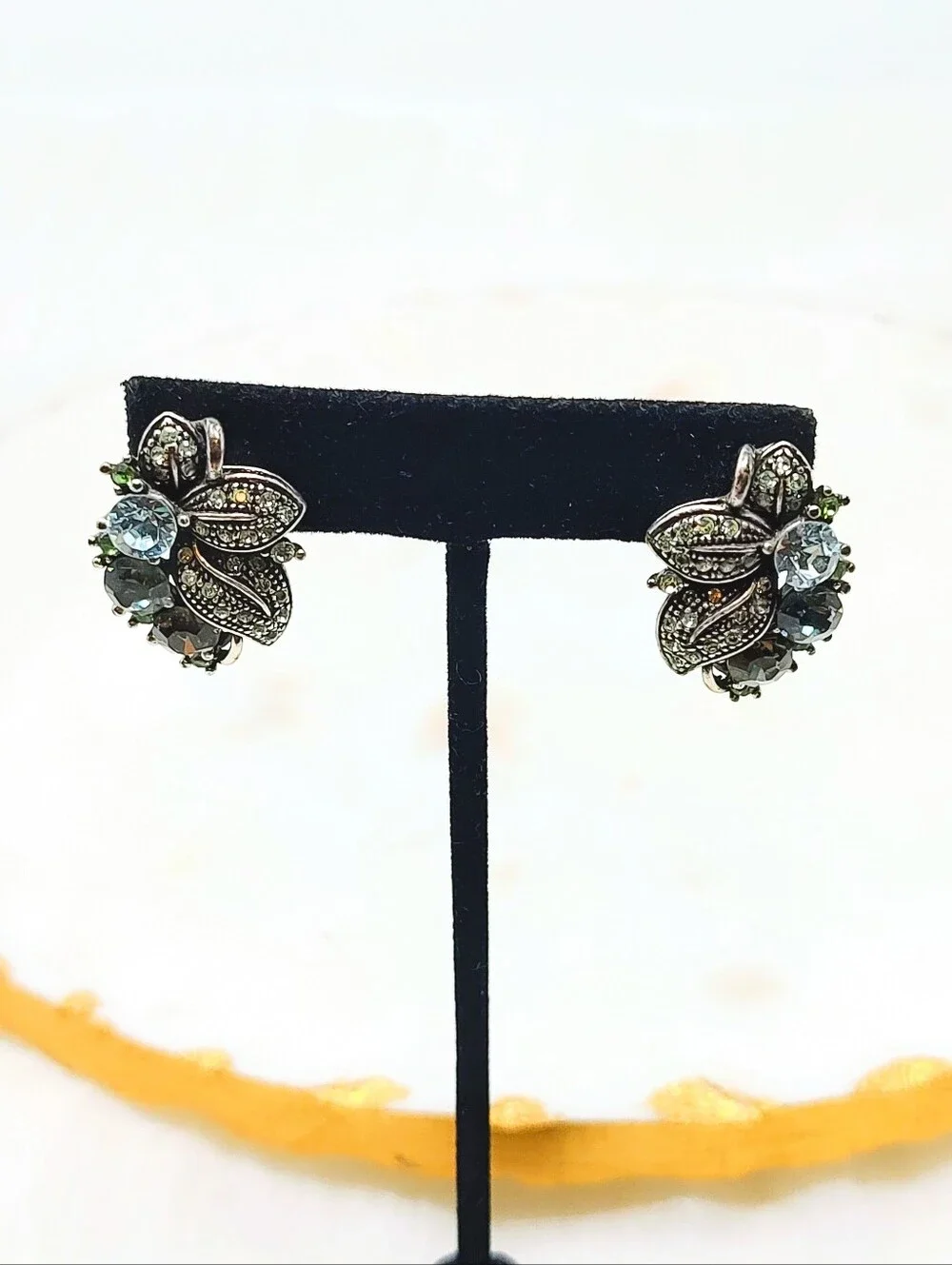 Lovely Vintage Marcasite Statement Earrings With Blue And Green Crystal Accents
